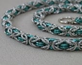 Necklace, Chainmaille, Classic Byzantine Weave in Teal, Mint Green and Silver Jump Rings, Handmade by Lace Metal on Etsy
