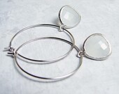Silver Hoop Earrings with a Translucent White Briolette Charm