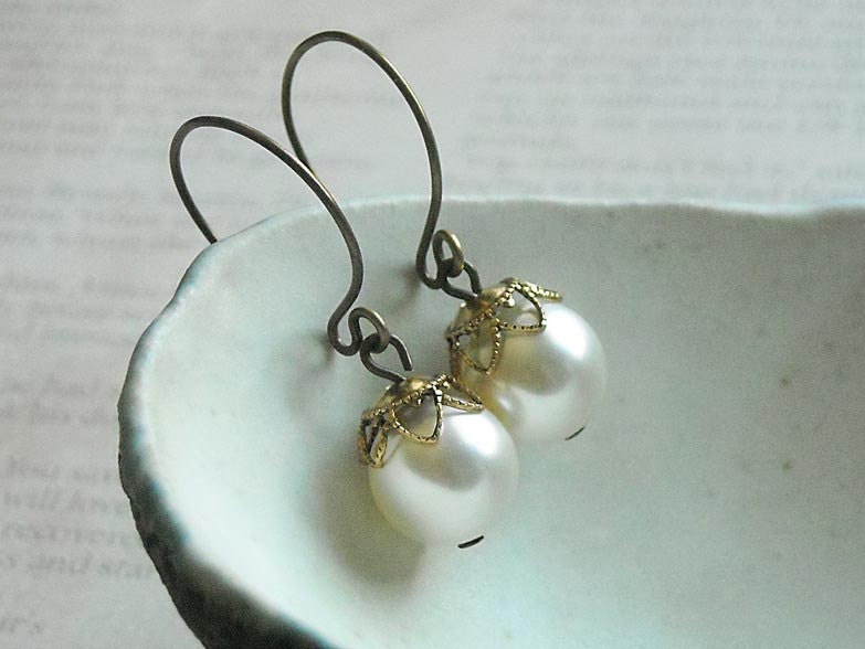 Simple Pearl Earrings. White Swarovski Pearl - A Gift Under 15 Dollars