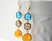 Fiesta Earrings. Gold Framed Tangerine Drop. Mocha and Ocean Blue. Dangle Earrings. Boho Chic