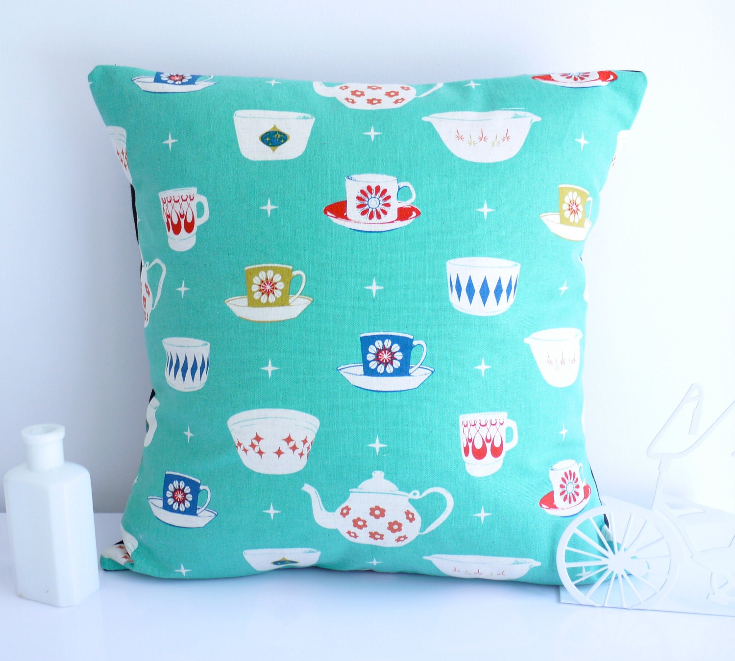 Teacup cushion throw pillow turquoise cushion turquoise pillow teapot retro pillow kokka retro cushion mid century cushion