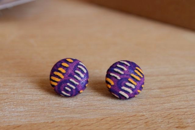 Purple Stripes Tribal Pattern Fabric Button Earrings
