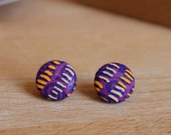 Purple Stripes Tribal Pattern Fabric Button Earrings