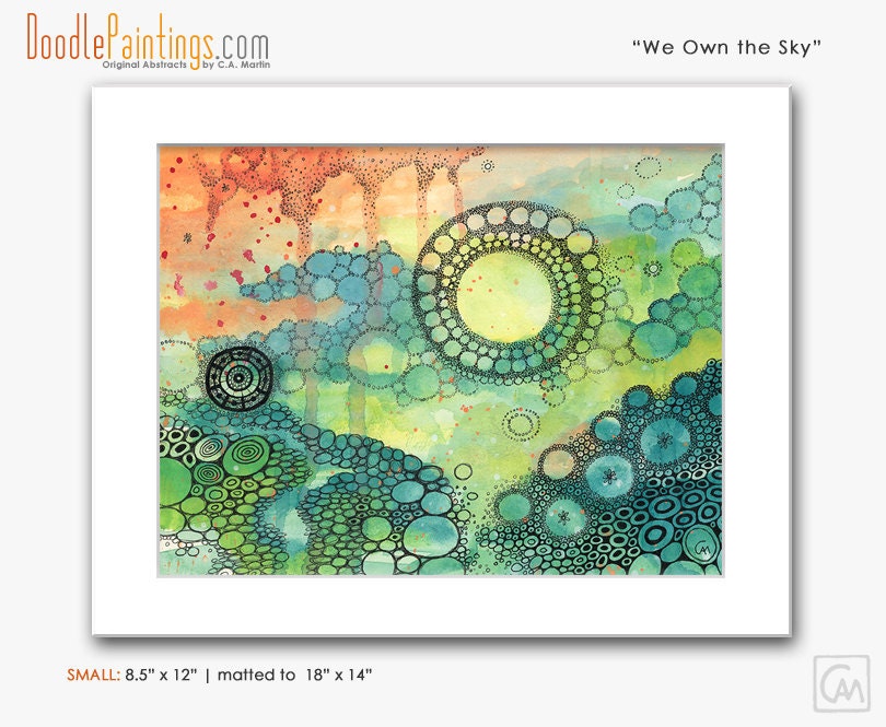 DoodlePainting ORIGINAL 14x18 Abstract Circles Landscape Watercolor in Mat: We Own the Sky
