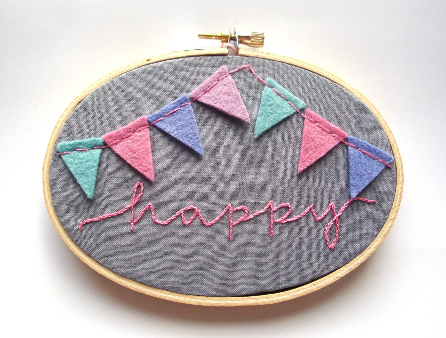 Embroidery hoop art happy bunting banner wall art