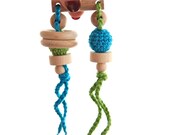Teething toy with crochet wooden beads. Teething rings rattle. Green and blue