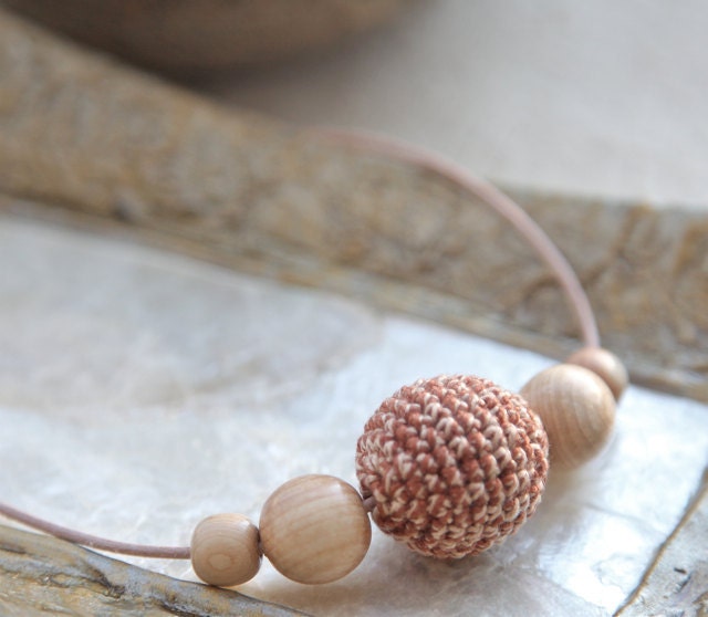 Cappuccino. Beige crochet necklace/ pendant whit wooden beads and leather lace, ready to ship.