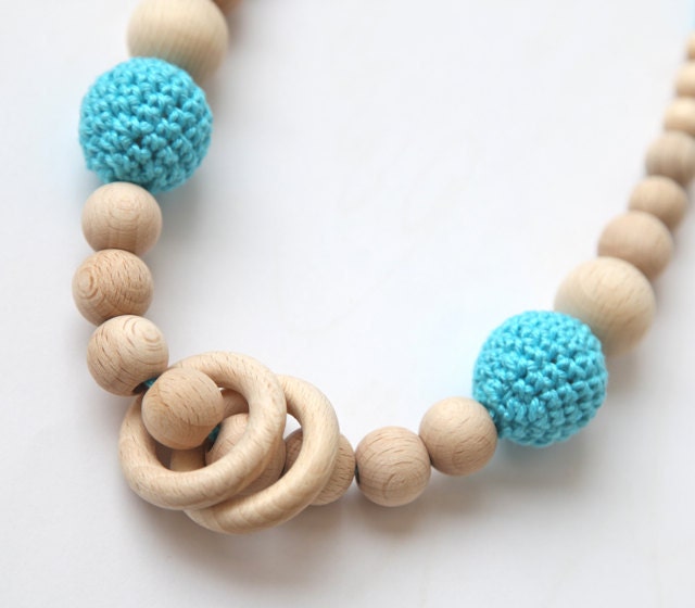 Blue cyan/ aqua nursing rings necklace. Girls crochet necklace. Mammy and baby teething necklace.