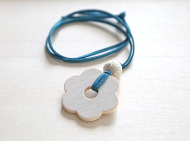SALE 35%. Wooden flower pendant with the leather cord. Nursing ring toy necklace.