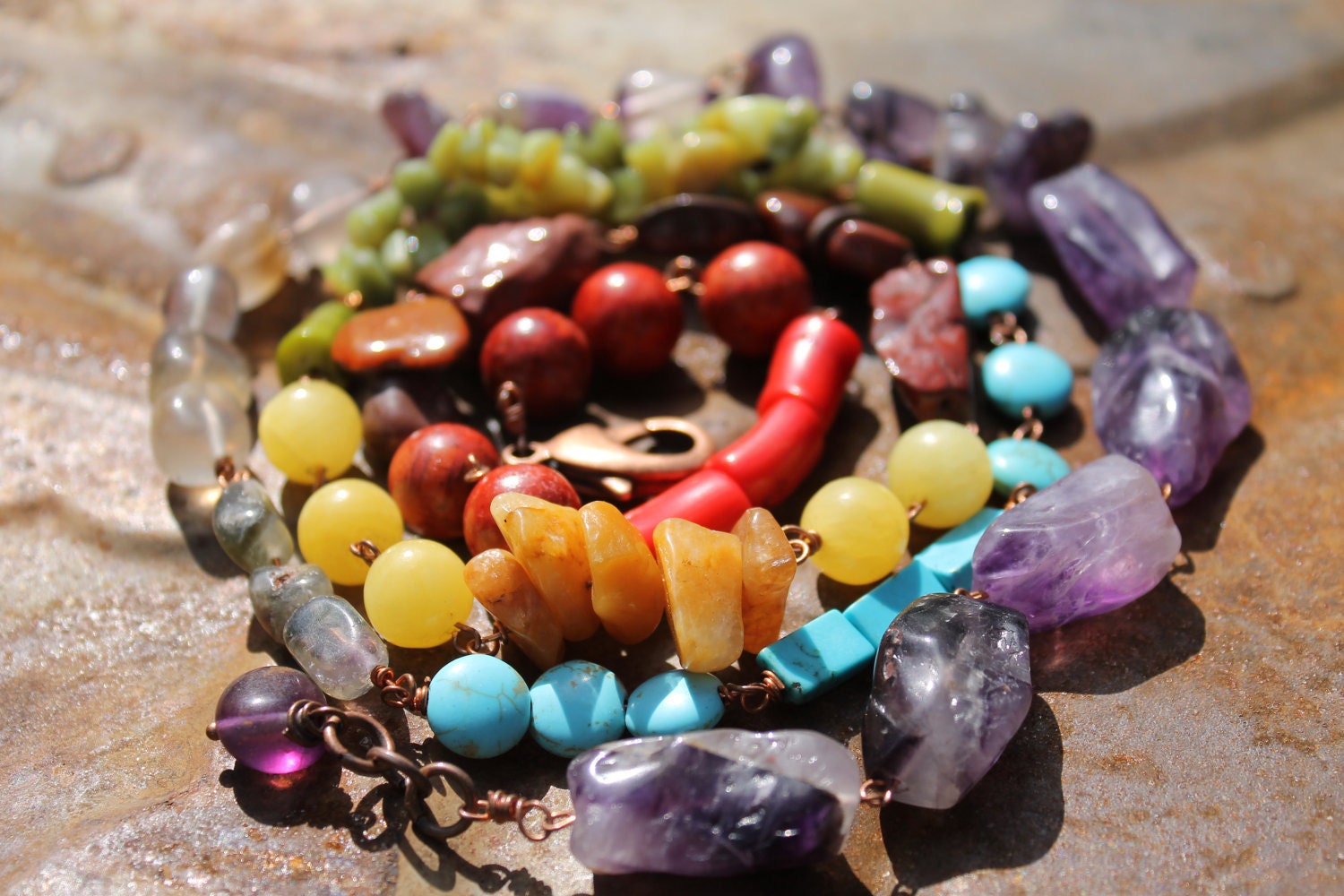 Rainbow Necklace,  36" long,  Copper wire wrapped link, Balancing chakra and brightening your aura.