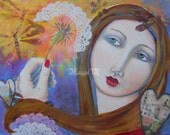 Wish / Woman / Hearts / Dragonfly / Dandelion / 9 x 12 Inches / mixed media painting