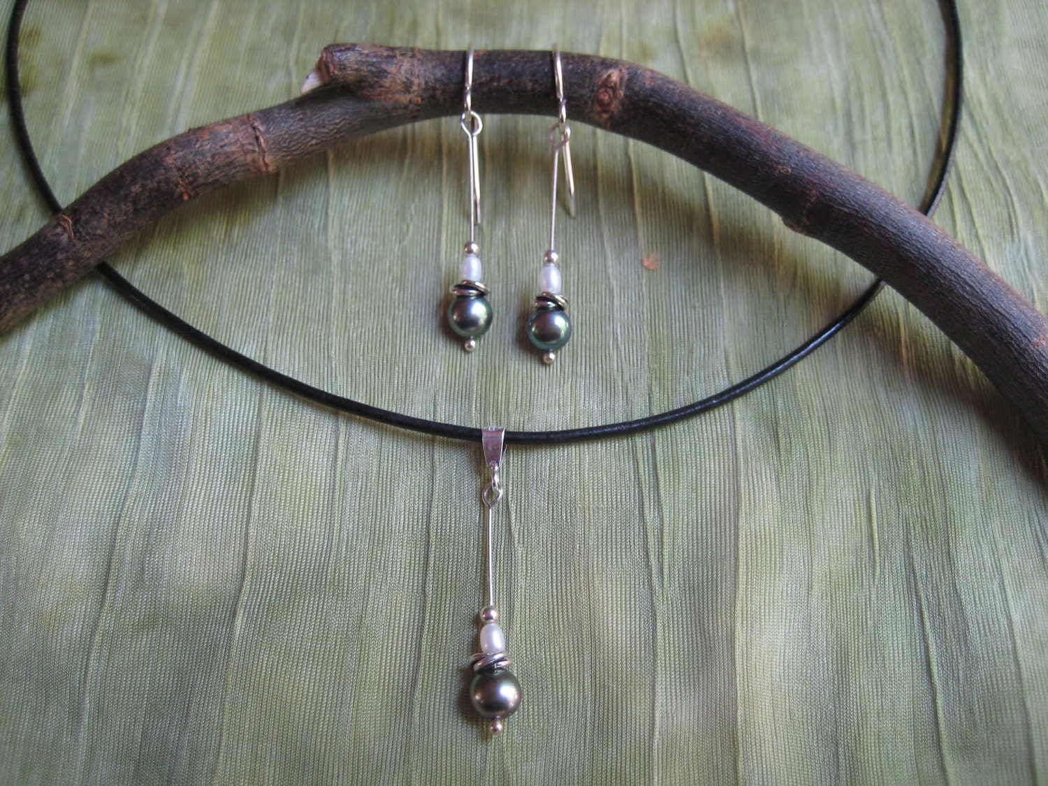 Holiday Christmas Sale - Over 15% Off Jewelry - Pearl Earrings Necklace Set - Green Pearl, White Pearl, and Silver on Black Leather