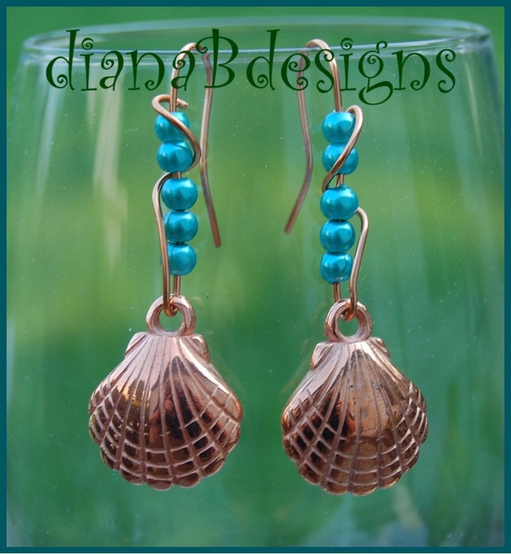 Copper shell turquoise glass pearl earrings hot summer ocean beach cruise vacation themed  SALE PRICED