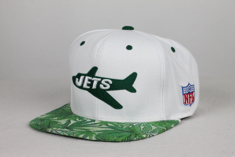 Custom New York Jets Snapback -- White Hat with Leaf Fabric "Get Lifted"