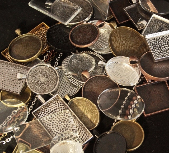 WHOLESALE 45 piece Complete Pendant Sampler kit  -15 Blank pendants, 15 Matching glass and 15 Necklaces