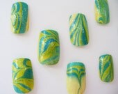 Nail Art Water Marble  Funky Blue Green Yellow Unique OOAK Spring Summer INTRODUCTORY offer SALE - Sparklysharpfabulous
