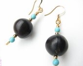 Bead Earrings, Sea Bean Turquoise Earring - Gold Dangles