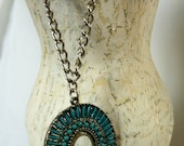 Faux Turquoise and Silver Metal Native American Indian Pendant Necklace