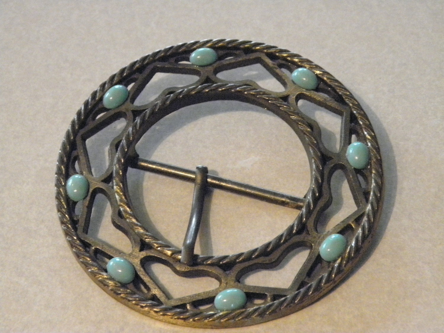 Large 70's Hippy BoHo Brass Round Belt Buckle with Hearts and Turquoise - calessabay