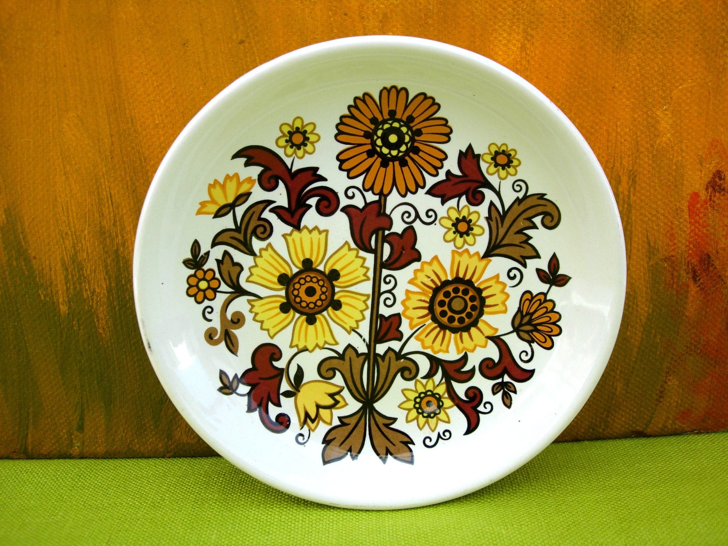 Retro Floral Royal Worcester Palissy Pin Tray Trinket Dish Yellow Brown Ochre