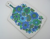 Gorgeous Retro Chopping Board Blue and Green Funky Flowers 1970s