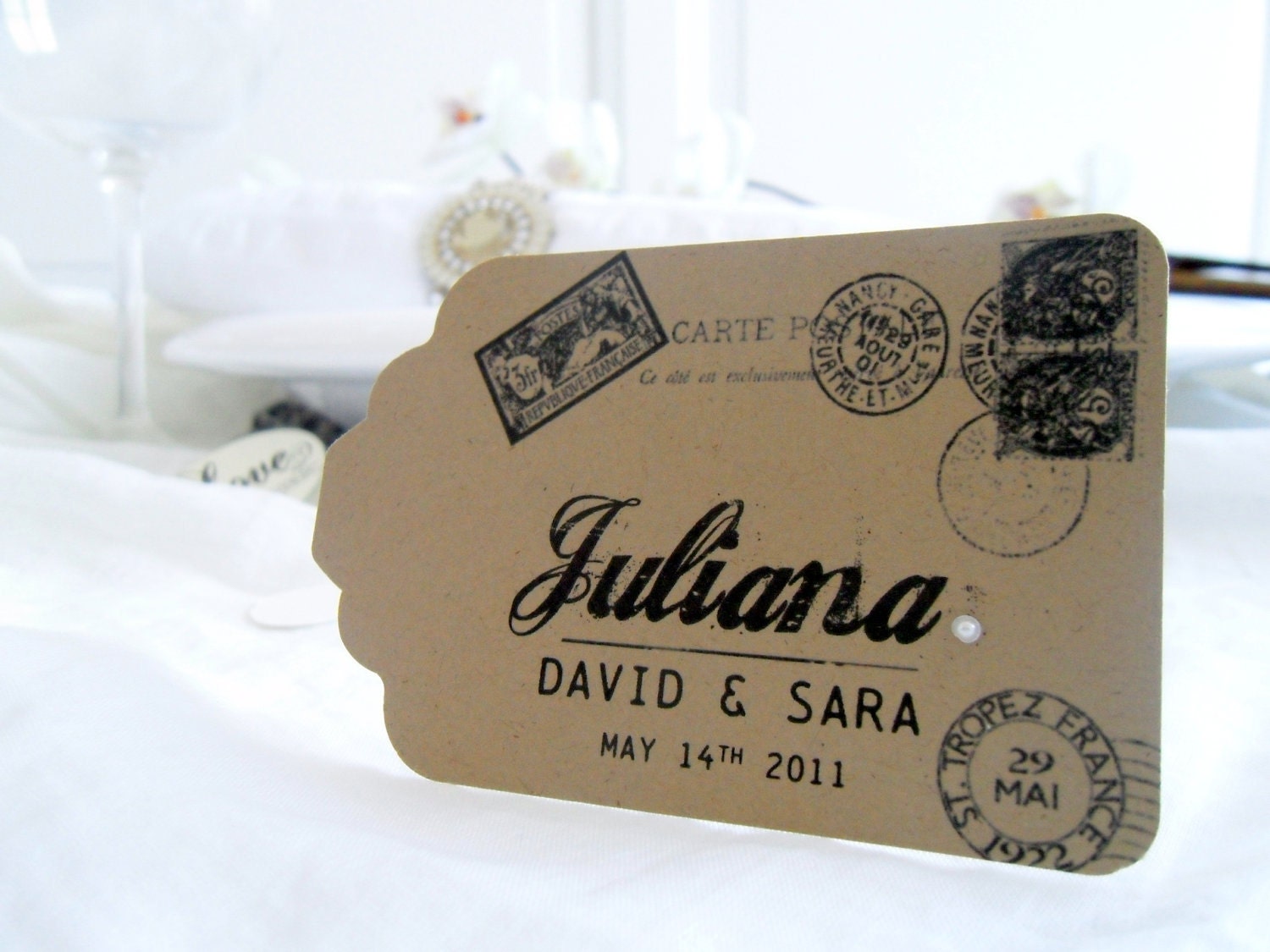 ESCORT CARDS - Custom Wedding Place Cards.  Vintage, Shabby Chic, Postcard Themed Place Card x 75 Cards.