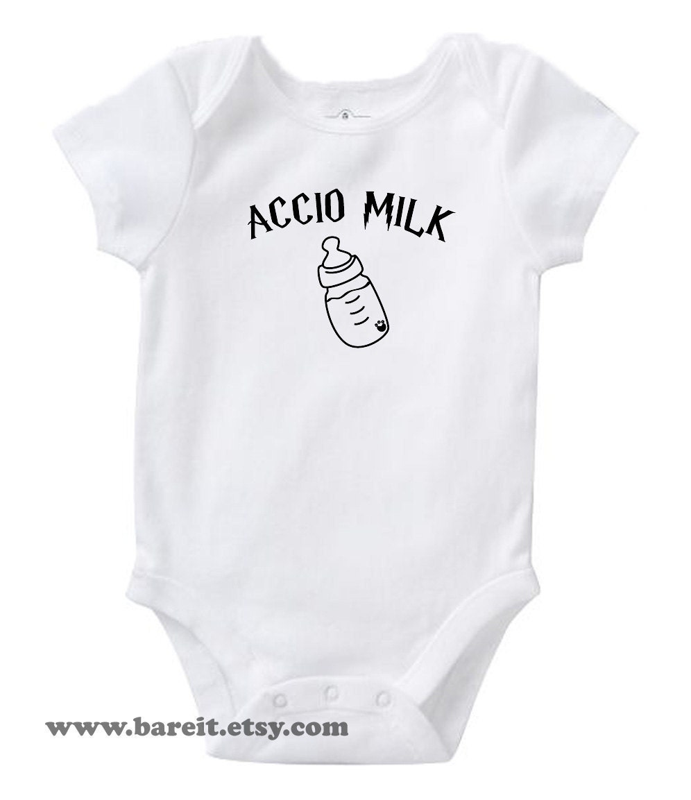 Accio Milk Cute Baby Humor Funny Harry Potter Inspired Onesie/Creeper/Bodysuit Size 3, 6, 12, 18, 24 Months Color White