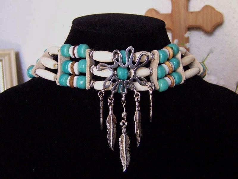 Bone and Glass Crow Bead Choker Necklace by PrimitiveDesignsTX