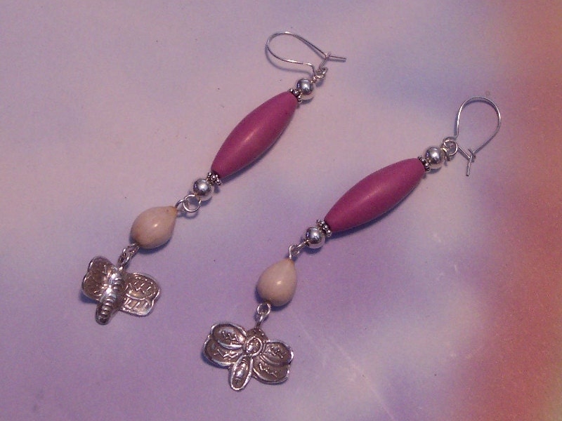 Dragonfly and Jobs Tears Earrings - Fuchsia and Silver Butterfly Earrings with Jobs Tears Seeds