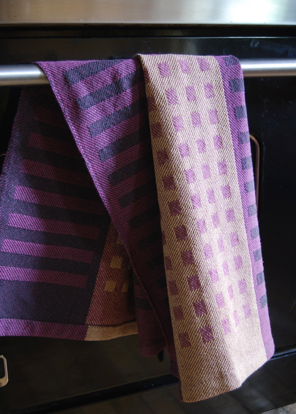 Tea Towel- Squares & Stripes Handwoven Cotton/Linen- Eggplant