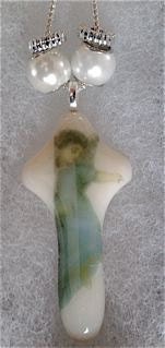 Fused-Glass White Cross Amulet Angel of Peace With 18-Inch  Genuine Sterling Silver Chain and Black Neck Cord Ooak