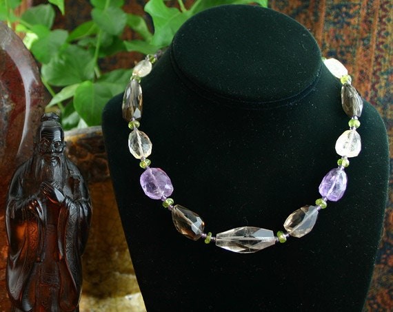 Natural Crystal Necklace - Chunky Beaded Necklace - Beadwork - Statement Necklace - Smoky Quartz, Amethyst, Peridot - Ethnic Jewelry