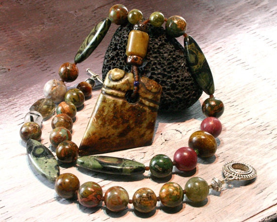 Antique Jade Pendant - Statement Necklace - Shaman Necklace - Vintage Pendant - Ethnic Jewelry - Mens Necklace - Fine Jewelry - Beadwork