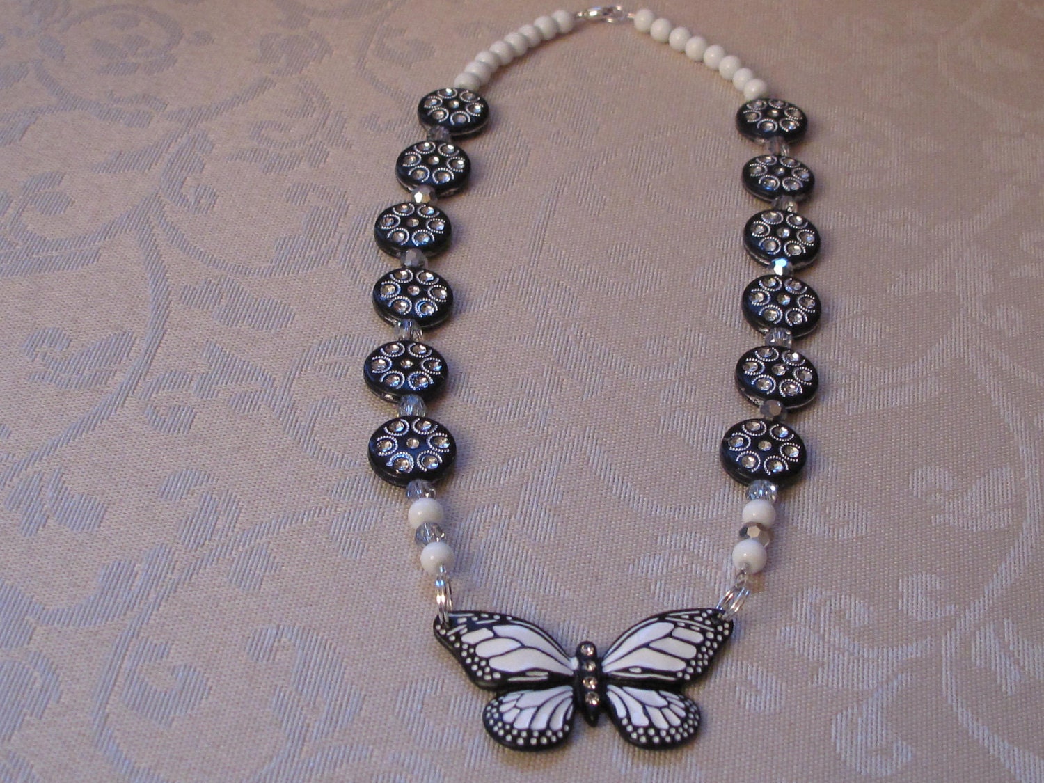 Black and White Beaded Butterfly Necklace