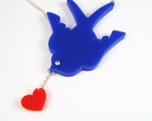 Swallow and Heart necklace - Hand made acrylic necklace, with a swarovski crystal eye.