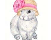 Rabbit art, watercolor rabbit painting, white rabbit, rabbit print, pink ribbon, straw hat, alice in wonderland - 8X10