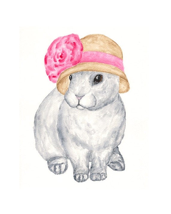 Rabbit art, watercolor rabbit painting, white rabbit, rabbit print, pink ribbon, straw hat, alice in wonderland - 8X10