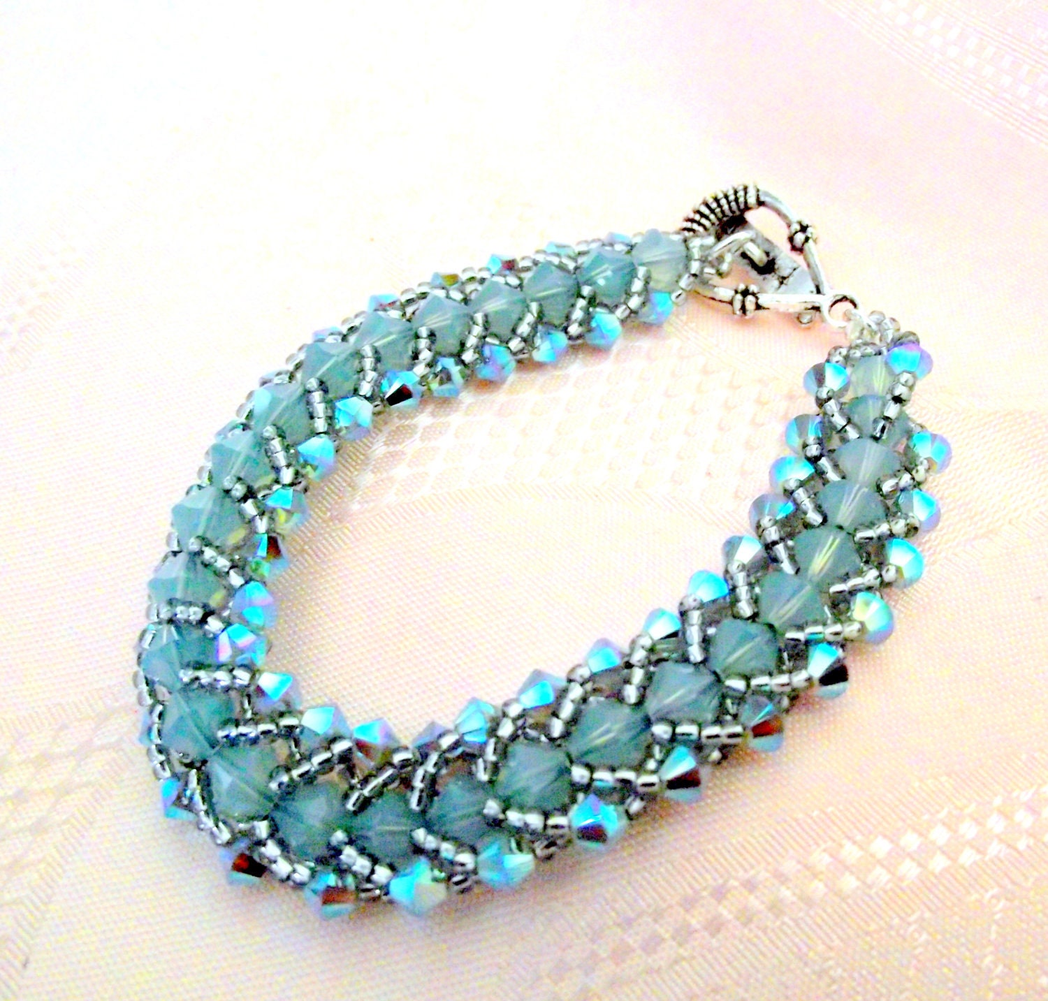 Swarovski Crystal  Turquoise Bracelet Pacific Opal Beadweaving  Sparkly Handmade Bridal Anniversary