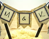 Cake Topper / Banner - Initials -Vintage Wedding Book Pages - Pride and Prejudice - Blue
