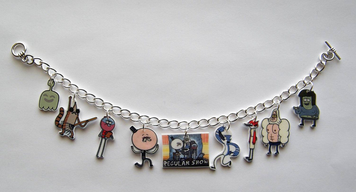 The Regular Show Charm Braclet Pops ,Mordecai, Rigby,Benson, Mitch, Skips, Hi Five Ghost