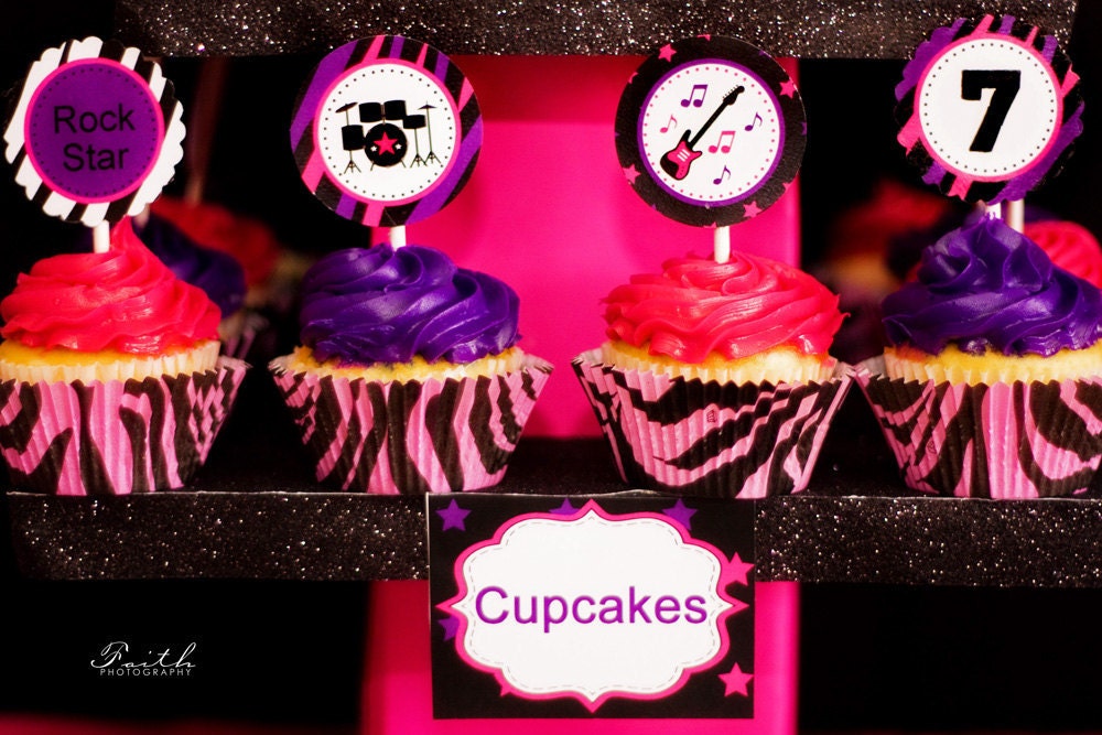 Rock Star Cupcake Toppers - Zebra Cupcake Toppers - PRINTABLE Party Logos - Girls Rock Star Birthday Il_570xn