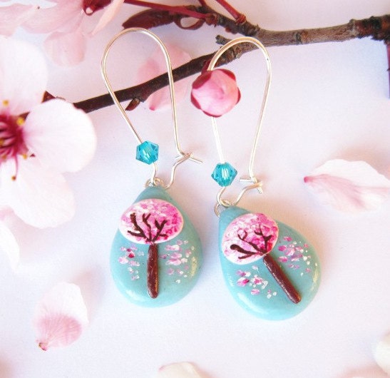 Tree Earring, Sakura earrings, Polymer Clay Teal and Pink OOAK