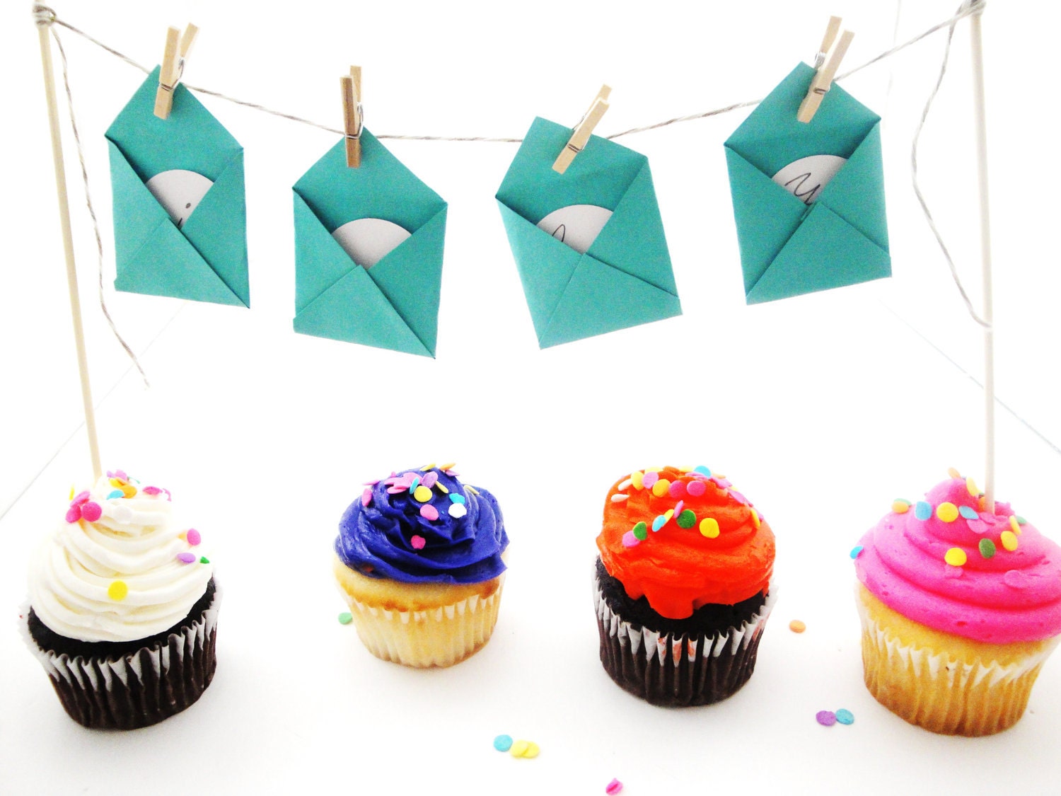 Mini Envelope Cupcake & Cake Banner-banner, cake topper, envelopes, cards, bunting, birthday party, wedding, paper goods, cupcake pick