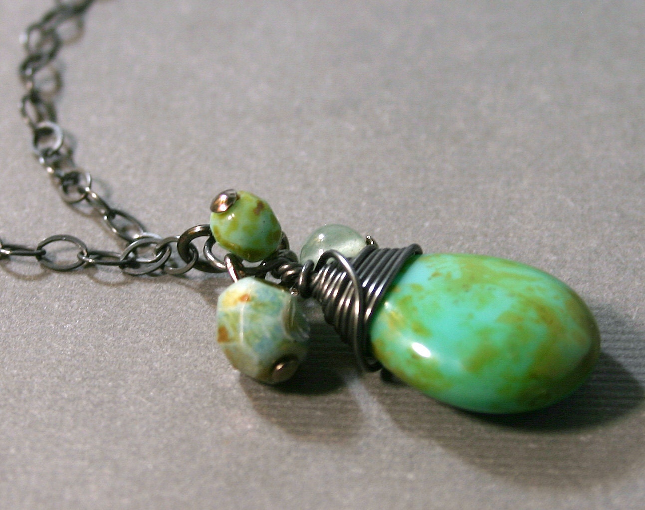 Teardrop Necklace Blue and Green with Czech Beads and Oxidized Sterling Silver Fall Fashion