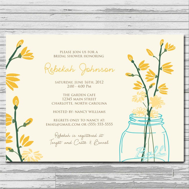 Mason Jar Pastel Flower Bridal Shower Invitation - customized 5x7 printable - rustic flower print bridal shower invites
