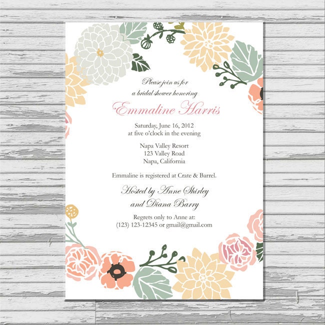 Pastel Flower Bridal Shower Invitation - customized 5x7 printable - romantic flower print bridal shower invites