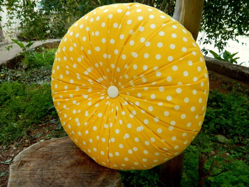 Yellow polka cotton round pillow 16"