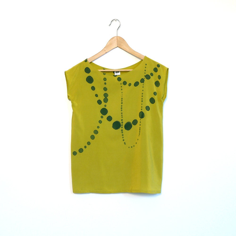 silk hand painted blouse.  INK BEADS on chartreuse.  made to order.