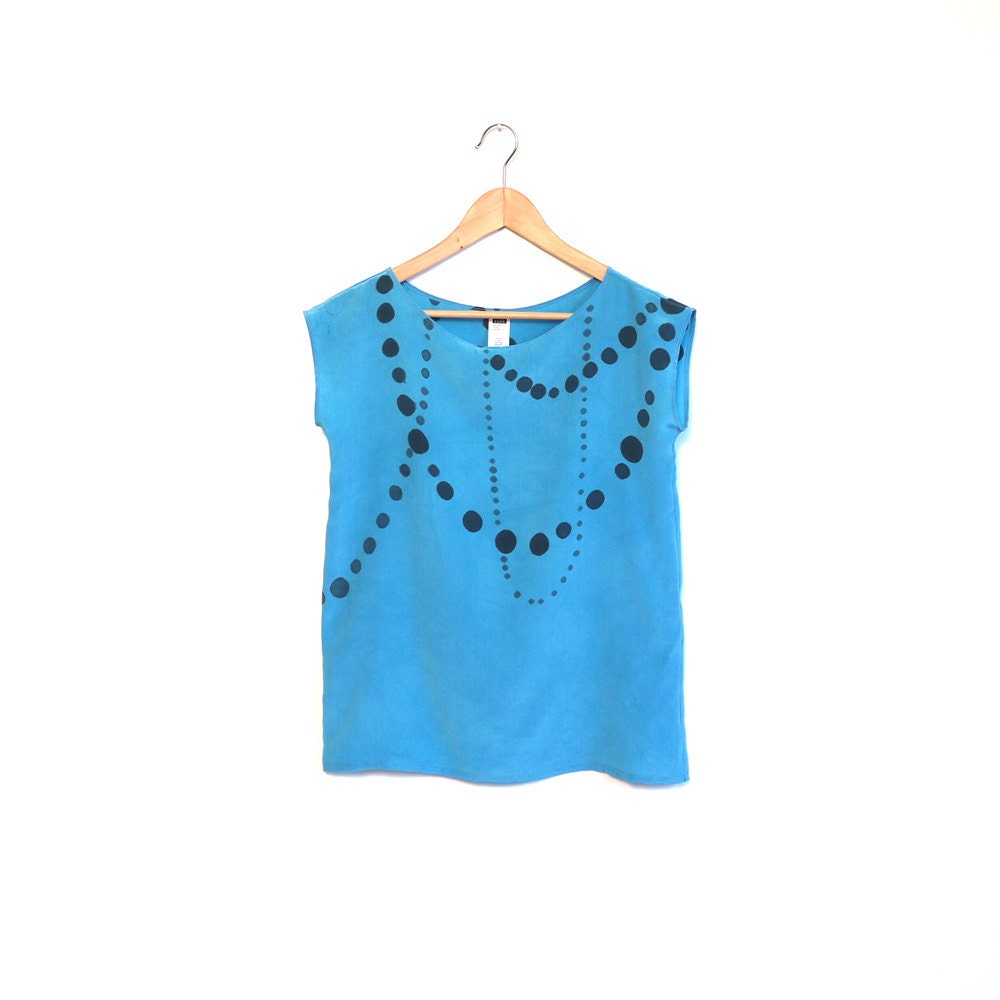 hand painted SILK top.  INK BEADS on light blue.  made to order