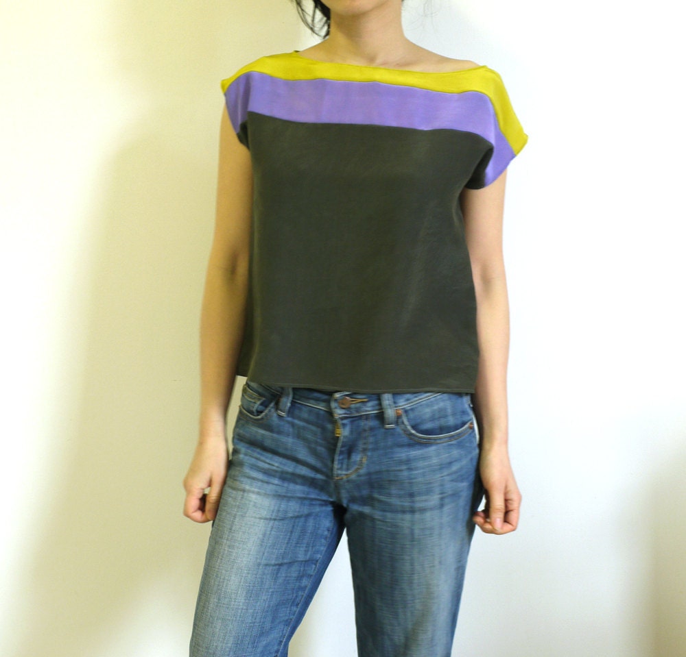 hand dyed silk top.  chartreuse, lilac and grey.  made to order.